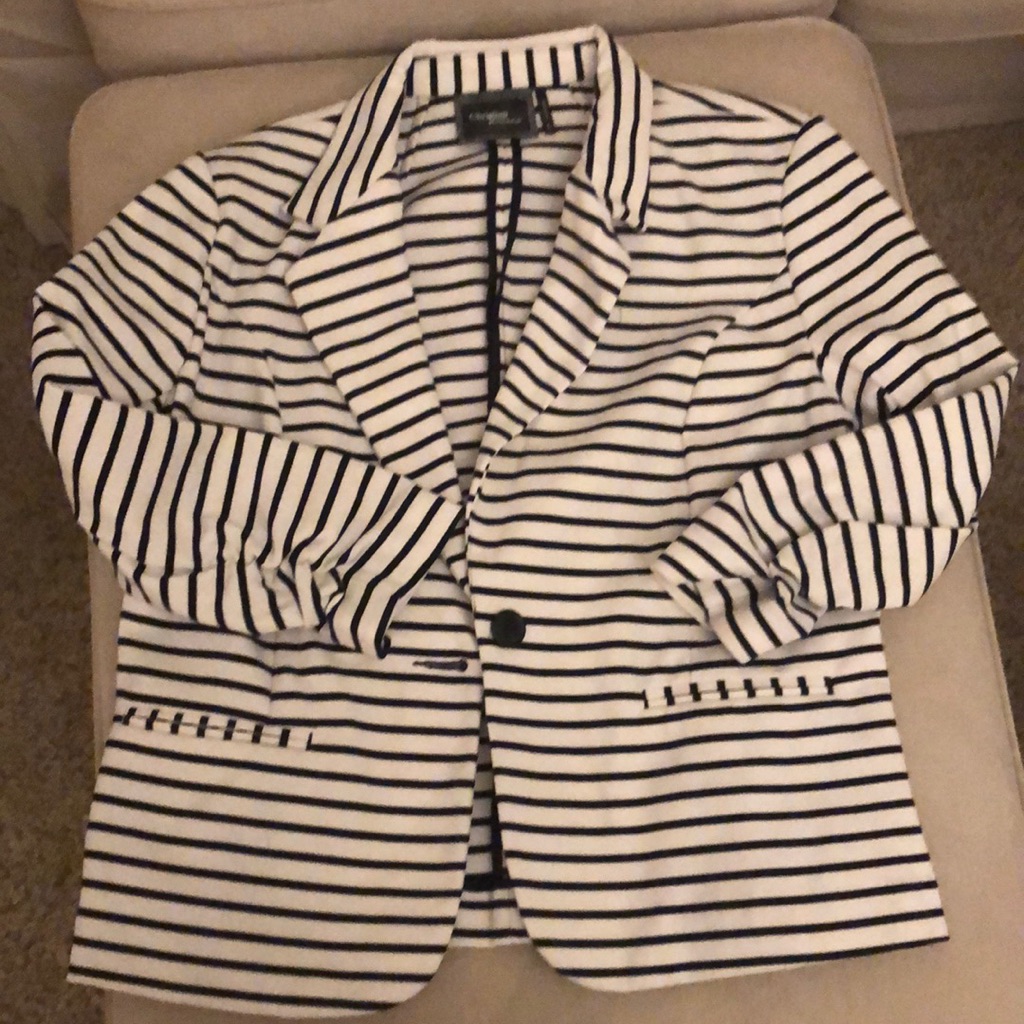 Christian Siriano Navy Blue Stripes Cotton Blazer